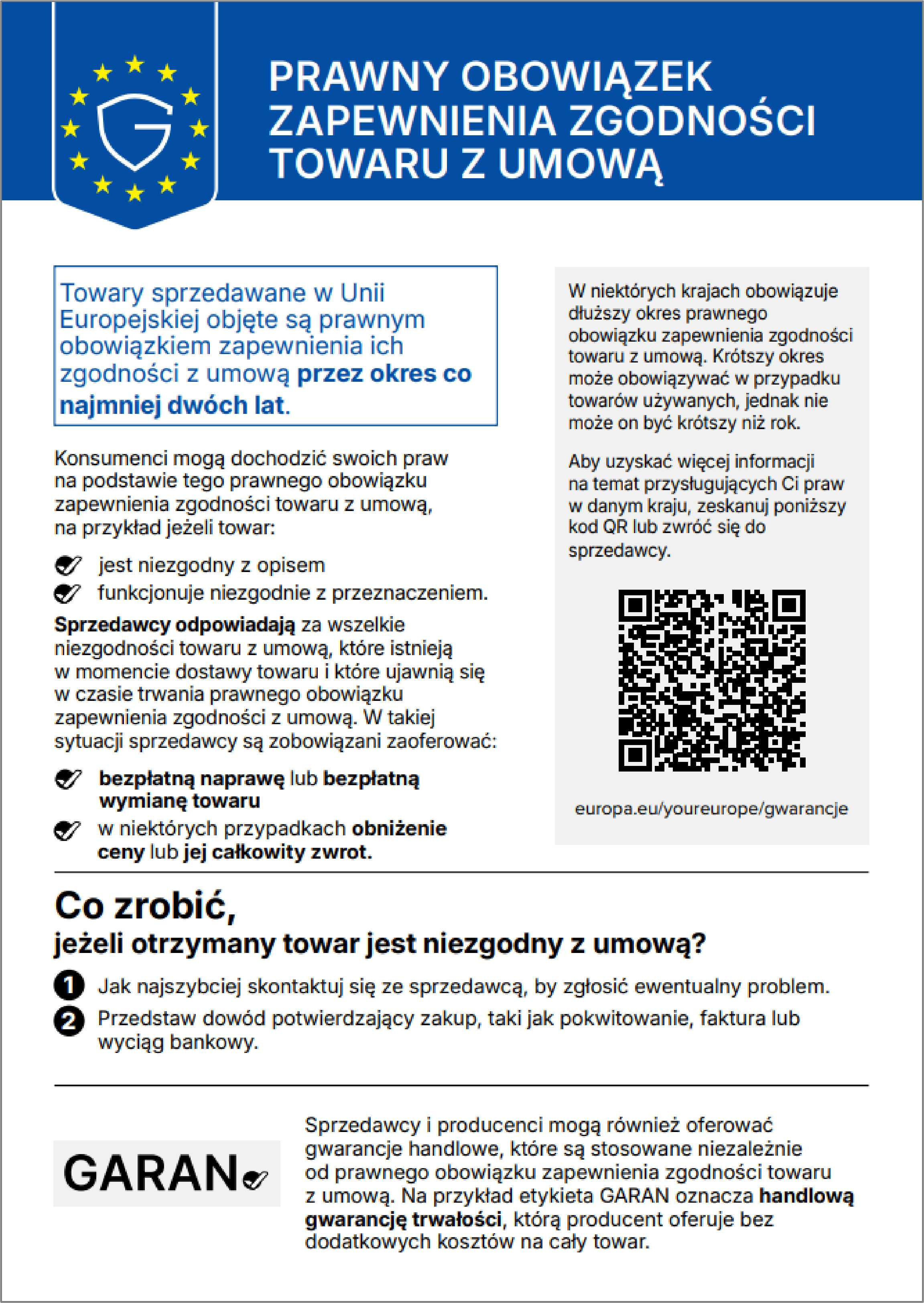 Zharmonizowana informacja UE o gwarancji prawnej zgodności towaru z umową