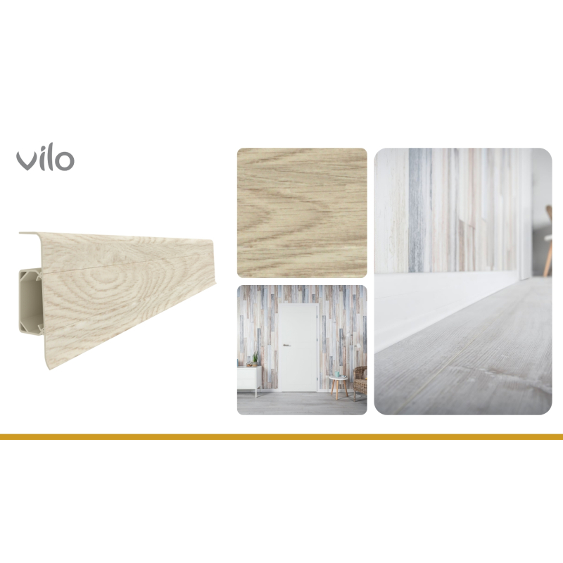 Vilo|Plinta parchet PVC Esquero 604, Platan Bianco, canal cablu, 250 x 6.6 x 2.2 cm