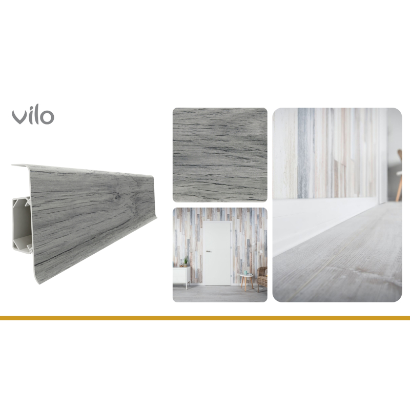 Vilo|Plinta parchet PVC Esquero 631, Stejar Gri, canal cablu, 250 x 6.6 x 2.2 cm
